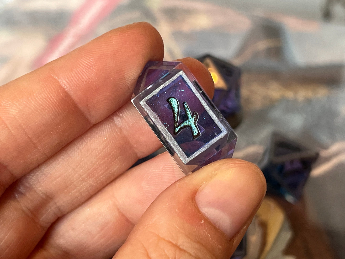 Purple Steel Handmade Sharp Edge Resin Dice Set