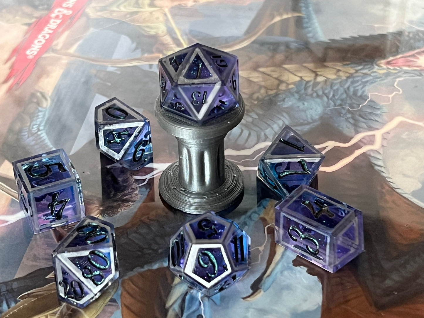 Purple Steel Handmade Sharp Edge Resin Dice Set
