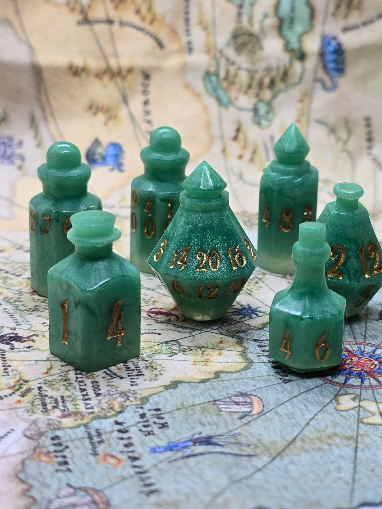 Goblin blood handmade 7 piece potion bottle dice set