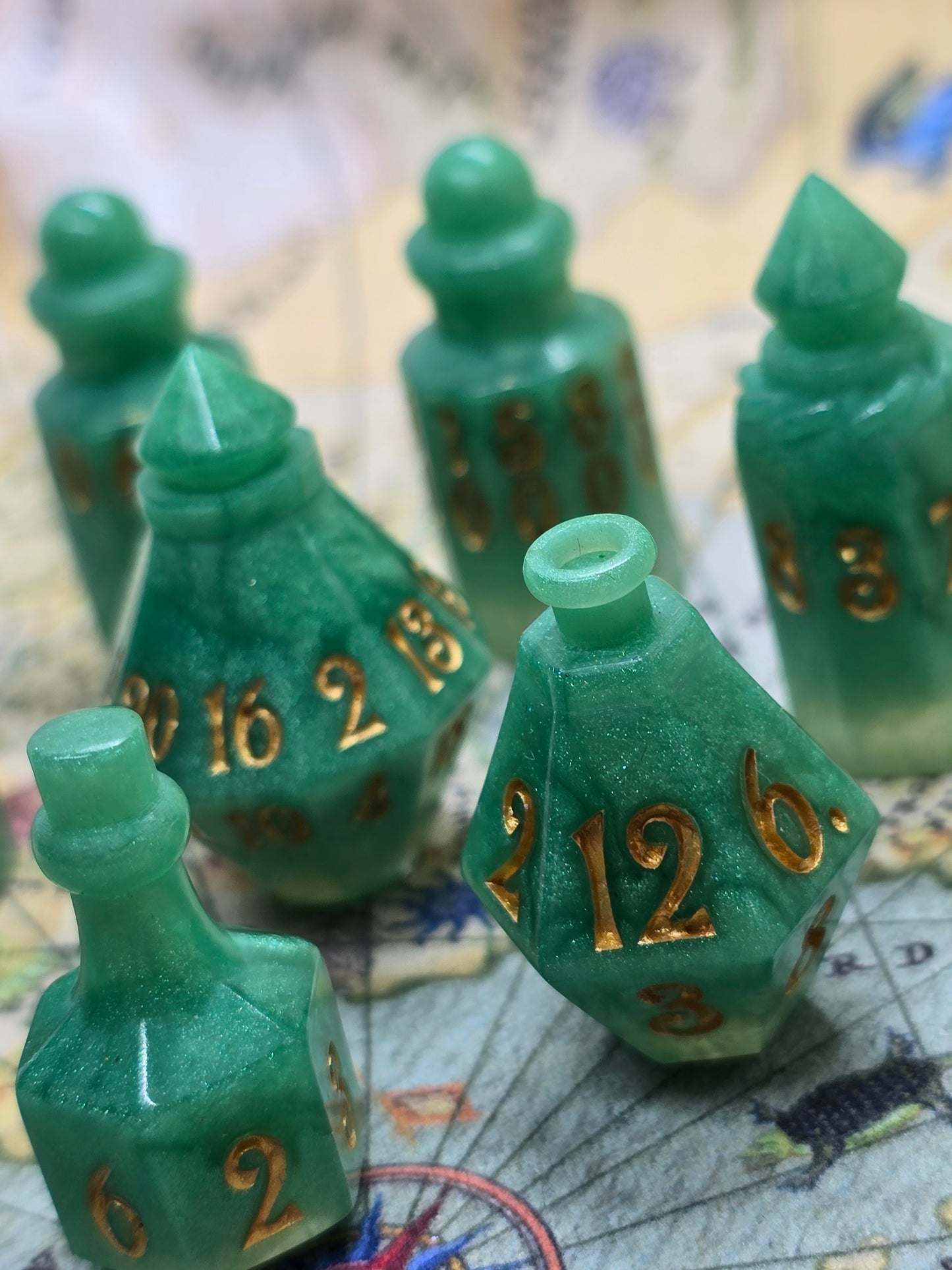 Goblin blood handmade 7 piece potion bottle dice set