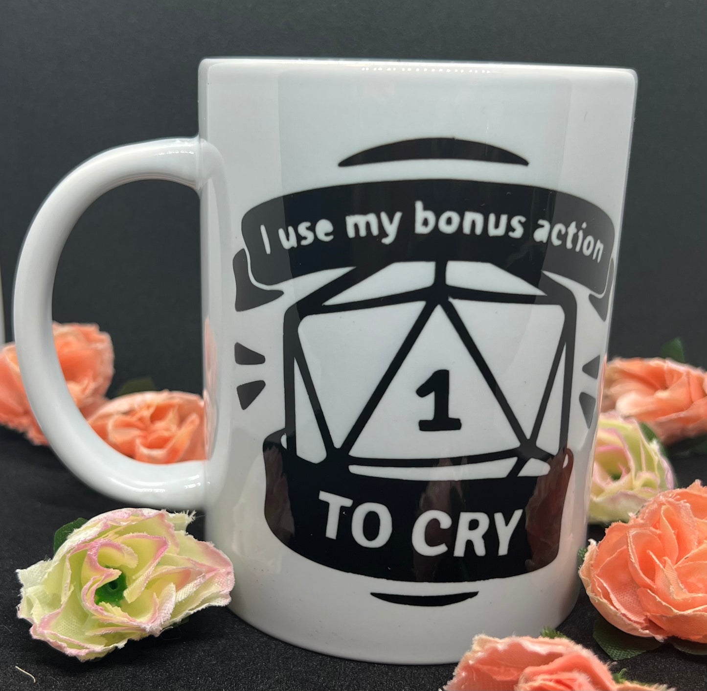 DND Mug - ""I Use My Bonus Action To Cry"", Dungeons and Dragons Mug for DM and Players, Funny Ceramic Mug Gift for Tea and Coffee