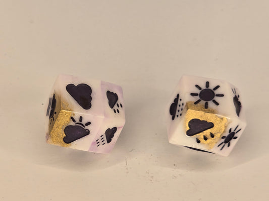 White and gold handmade weather dice D12s