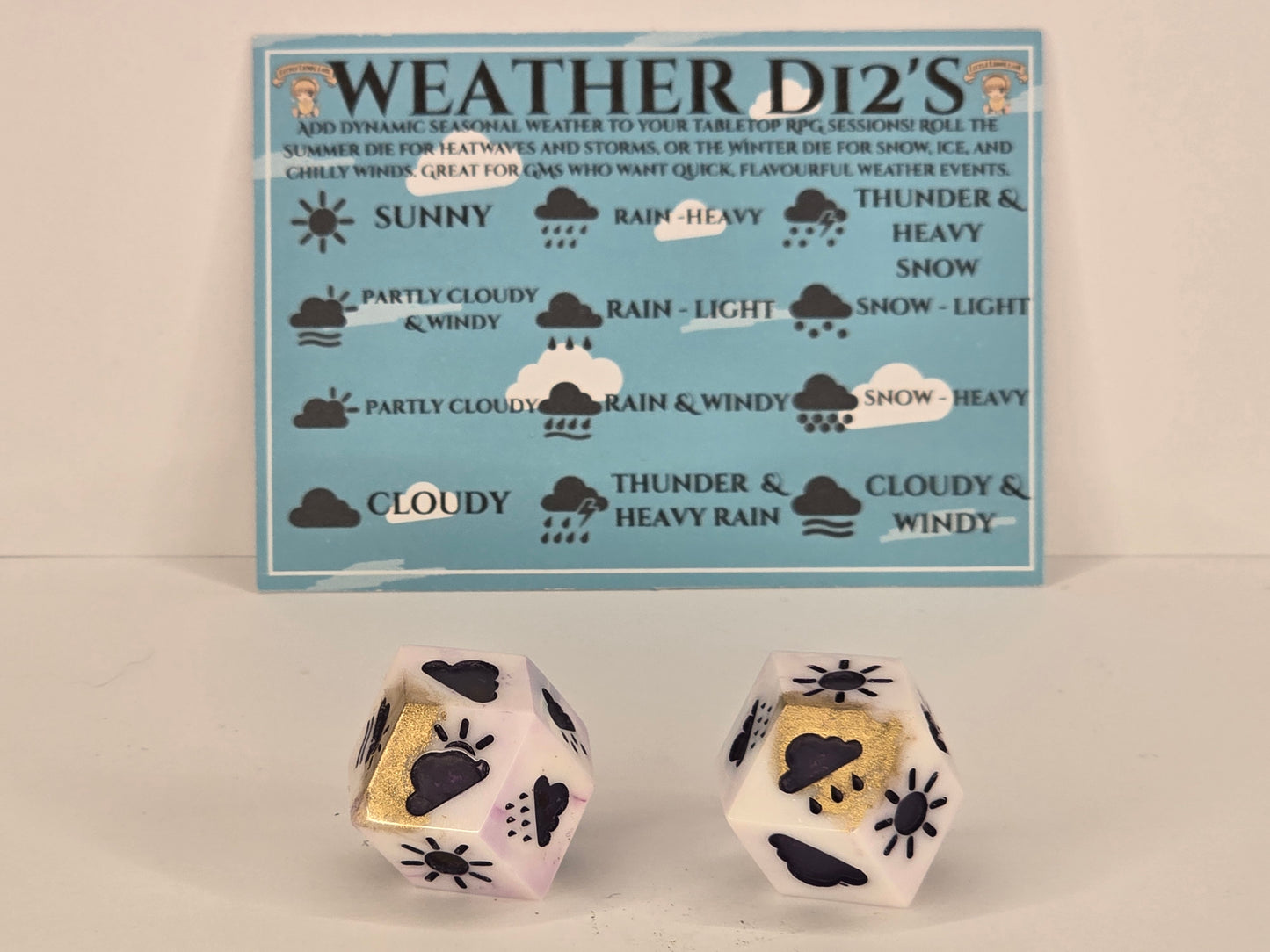 White and gold handmade weather dice D12s